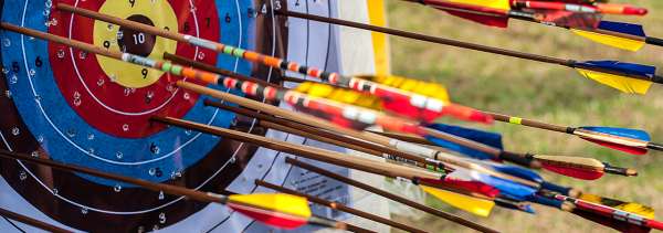 Close up of archery target with many arrows in it